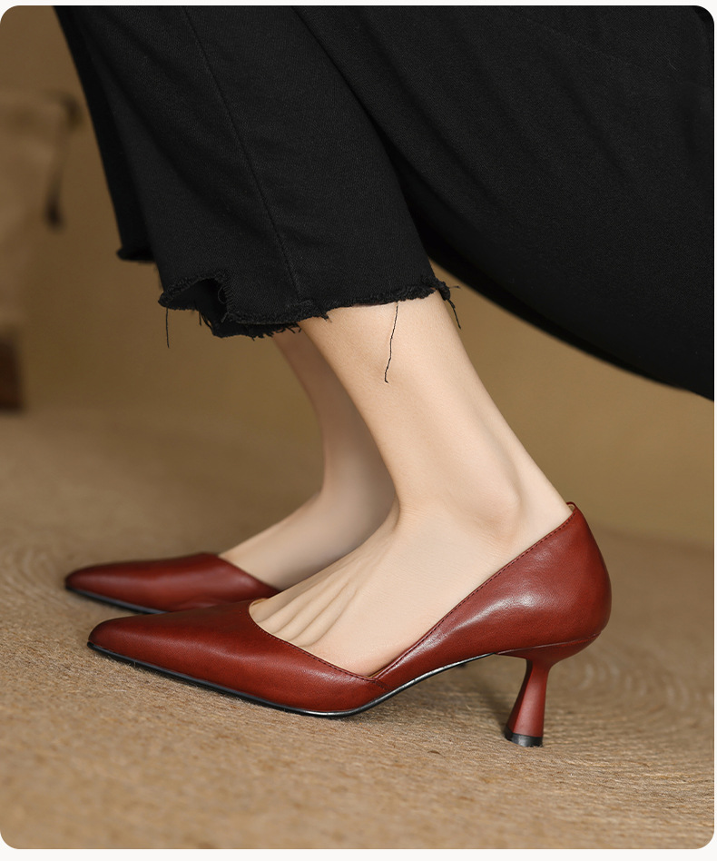 Giày cao gót nữ mũi nhọn da bò cổ điển kiểu Pháp, gót 6,5 cm — Màu đen chi tiết 6