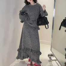 法式甜美毛衣套装女秋冬韩版慵懒针织上衣+荷叶边宽松半身裙2件套