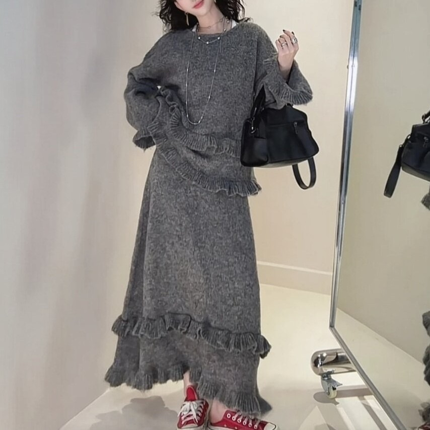 法式甜美毛衣套装女秋冬韩版慵懒针织上衣+荷叶边宽松半身裙2件套