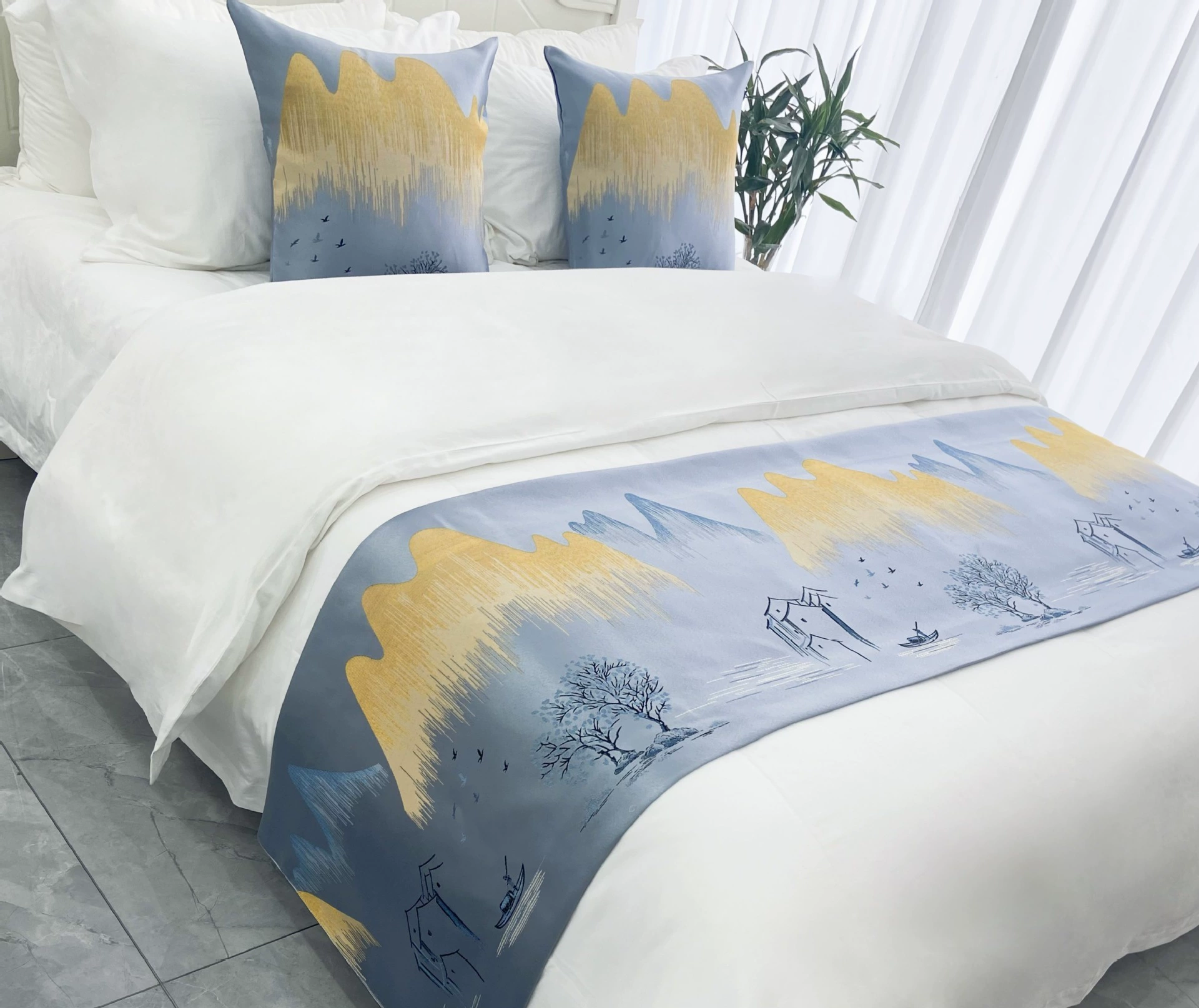 Новый китайский отель отель B & B Pediament полотенце полотенце полотенце хвост полотенце голубой пейзаж картина светлая роскошь флаг кровати