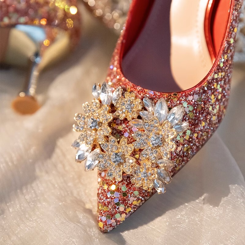 Red Xiuhe wedding shoes, dual-use, 2026 new model bridal shoes, crystal French high-heeled shoes for women Red Xiuhe wedding shoes, dual-use, 2026 new model bridal shoes, crystal French high-heeled shoes for women