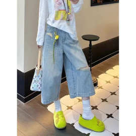 破洞牛仔裤女2026夏季新款梨形身材高腰显瘦设计感工装阔腿七分裤