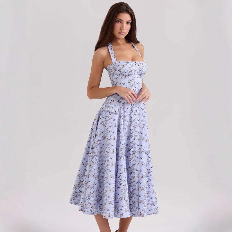 House New Floral French Retro Tube Top Halterneck Button Lace-Up Bow Waist Pleated Skirt Long Skirt