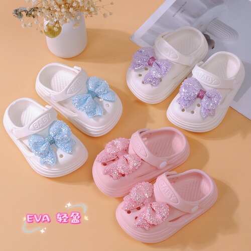 Girls 'hole shoes in summer, wearing bow, cute and fashionable baotou, wearing two feet, baotou beach sandals and sandals