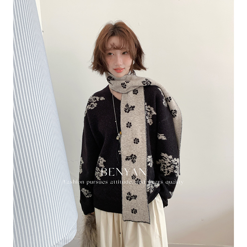 BENYAN本言 法式小众设计针织提花羊毛v领毛衣女【配围巾】3589|undefined