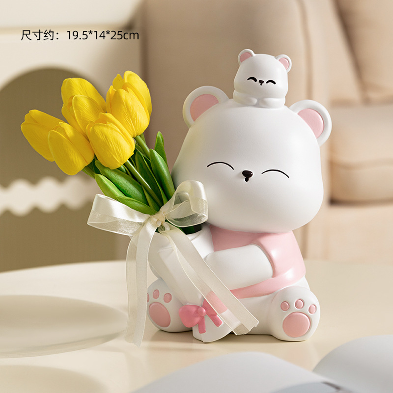 포옹 곰 꽃다발 핑크 큰 + 노란 튤립 7 (무료 리본)