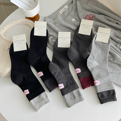 秋冬新款雙羅口中筒襪女安哥拉紅布標襪子灰色棉襪諸暨襪子批發