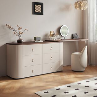High-grade Solid Wood Dressing Table Storage Cabinet Integrated Retro Style Household Bedroom Walnut Decorative Skin-sensitive Leather Makeup Table
