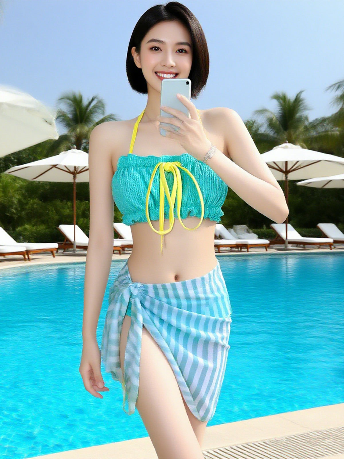 Trajes de baño para mujeres 2025 nueva dopamina bikini juvenil de tres piezas conjuntos de balneario trajes de baño de vacaciones