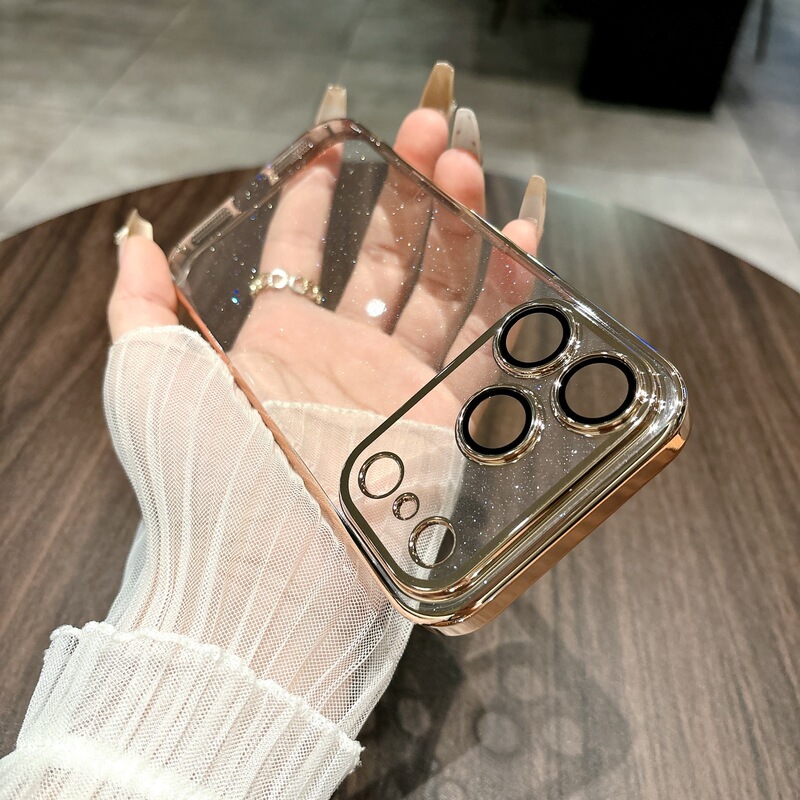 网红全身闪粉PC适用iPhone17pro手机壳电镀光滑边13/14带镜膜硬壳|undefined