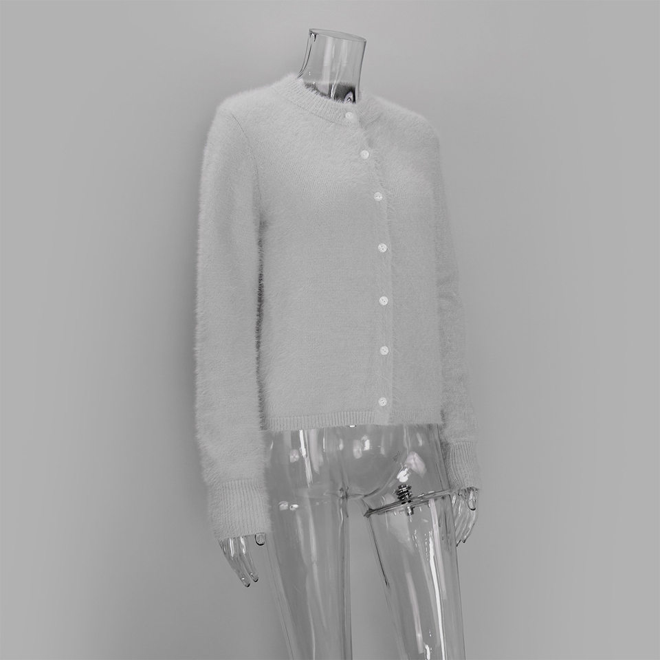 Áo khoác cardigan len nữ dáng ôm cổ tròn tay dài một hàng cúc chất liệu lông mềm mại — Màu hồng, Màu trắng, Màu xám nhạt, Xanh đậm chi tiết 41