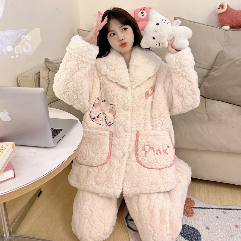 Cute Mikko Pajamas Women's Autumn and Winter Three-Layer Quilted Coral Fleece fleece-lined Thickened Winter Little Man Home Clothes