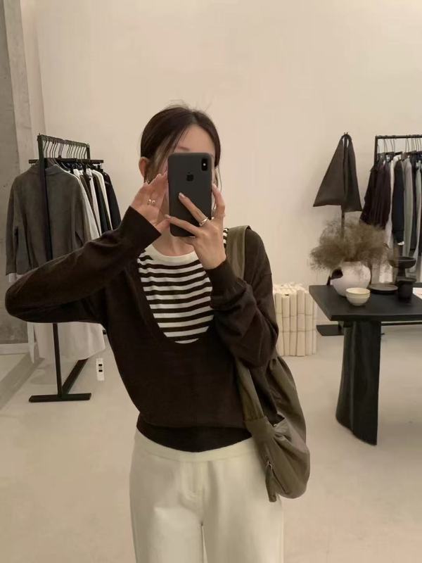 美式设计感条纹拼接假两件T恤女秋季新款显瘦百搭休闲打底衫上衣|undefined