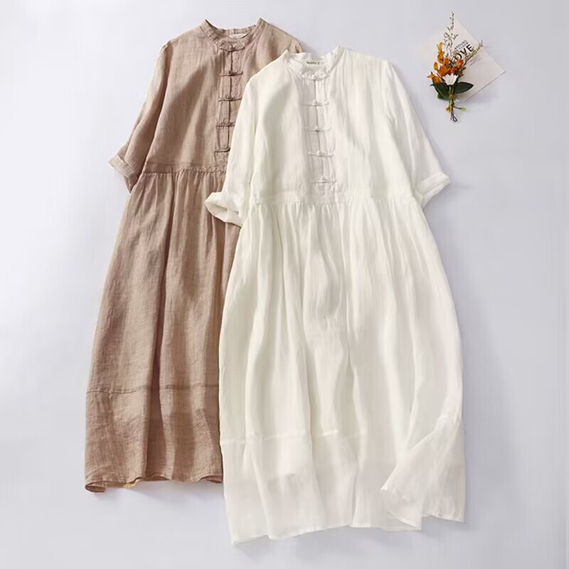 Real Shot of Artistic Cotton and Linen Dress for Women in Summer, Small Stand-Up Collar, Retro Buckle, Slim and Elegant Long Skirt
