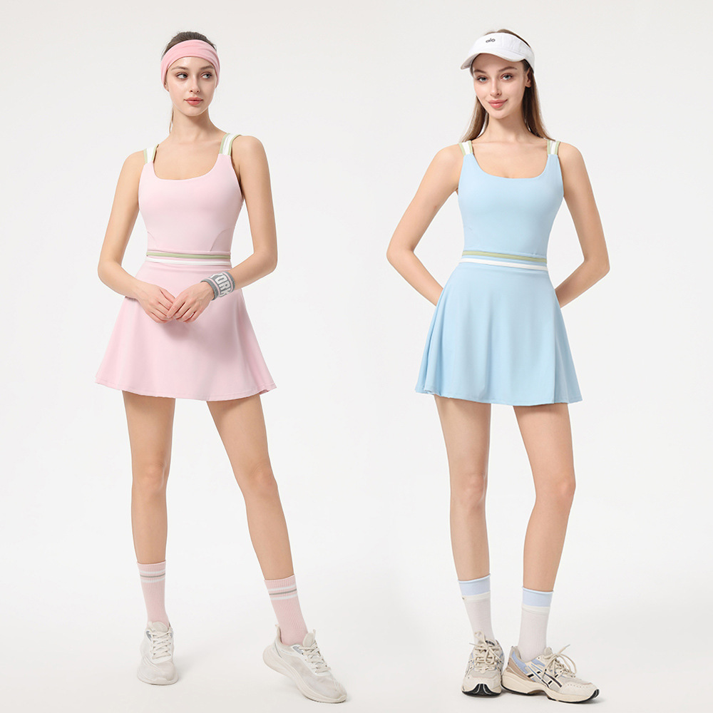 Summer Sports Dress for Women with Chest Pads, Beautiful Back Yoga Skirt, Anti-Exposure Fitness Tennis Skirt, Red Tennis Skirt