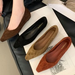 尖头低跟单鞋女鞋2025年春秋新款平底不累脚绒面浅口通勤百搭瓢鞋