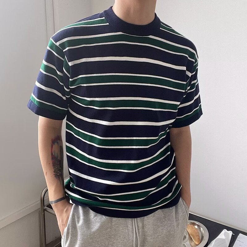 Summer new light cooked wind striped sweater short sleeve men's advanced slim business T-shirt foreign trade cross-border wholesale