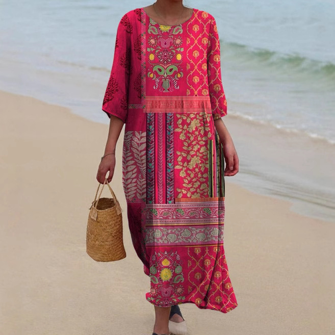2024 Summer Cross-Border Amazon European and American Clothing Round Neck Long Printed Casual Fashion Women's Dress Women's Skirt