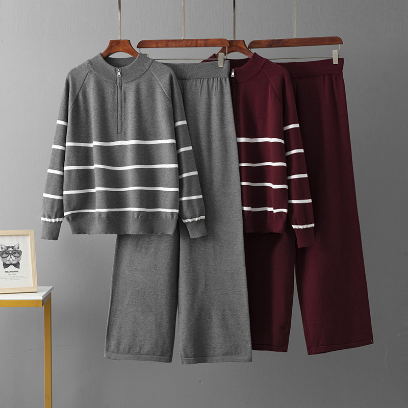 Half Zip Sweater Pants with a Set of Fashion suit Striped 2024 Autumn and Winter Stylish Loose Two-Piece Set for Women Half Zip Sweater Pants with a Set of Fashion suit Striped 2024 Autumn and Winter Stylish Loose Two-Piece Set for Women