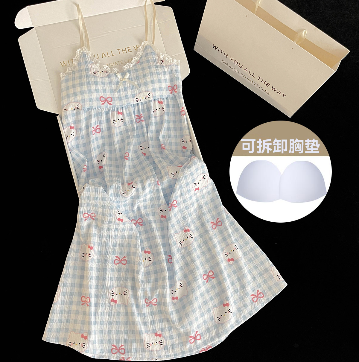 2026 vestido de pijama de mujer de verano cojín de pecho desmontable coreano encantador dibujos animados ropa doméstica de niña de verano en vivo