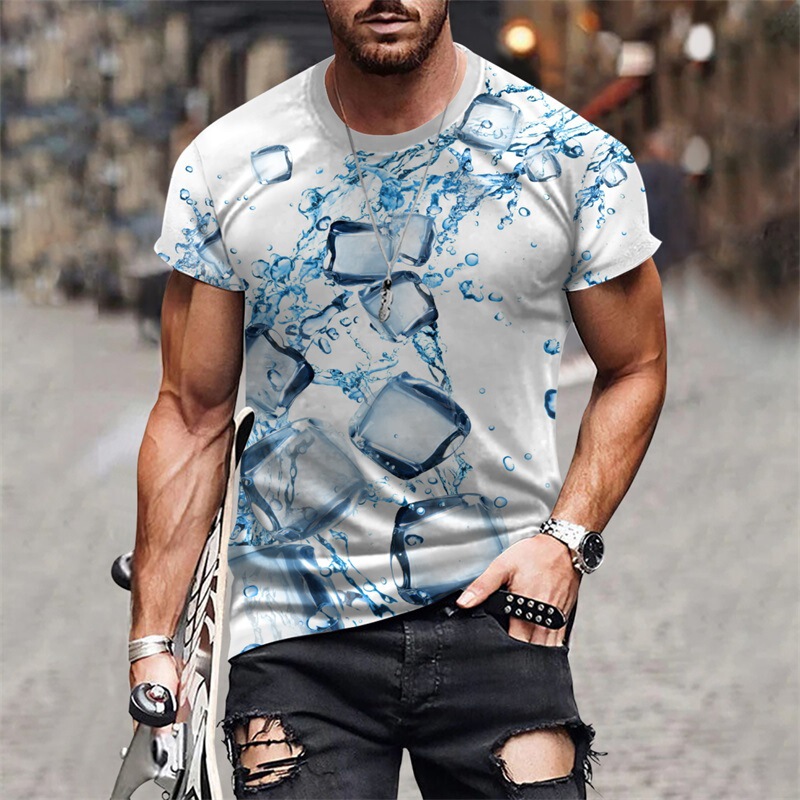 Foreign Trade Cross-Border New Fashion Trendy Unique Ice Cube Water Drop 3D Printed Men's Casual Round Neck Short-Sleeved T-Shirt