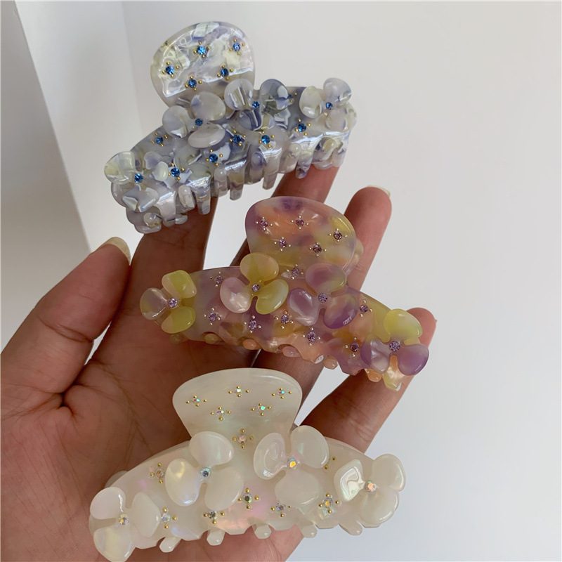 Corea del Sur Super Hada acetato flor diamante clip personalidad nicho celadón pelo agarre ins industria pesada Luz de lujo horquilla accesorios para el cabello