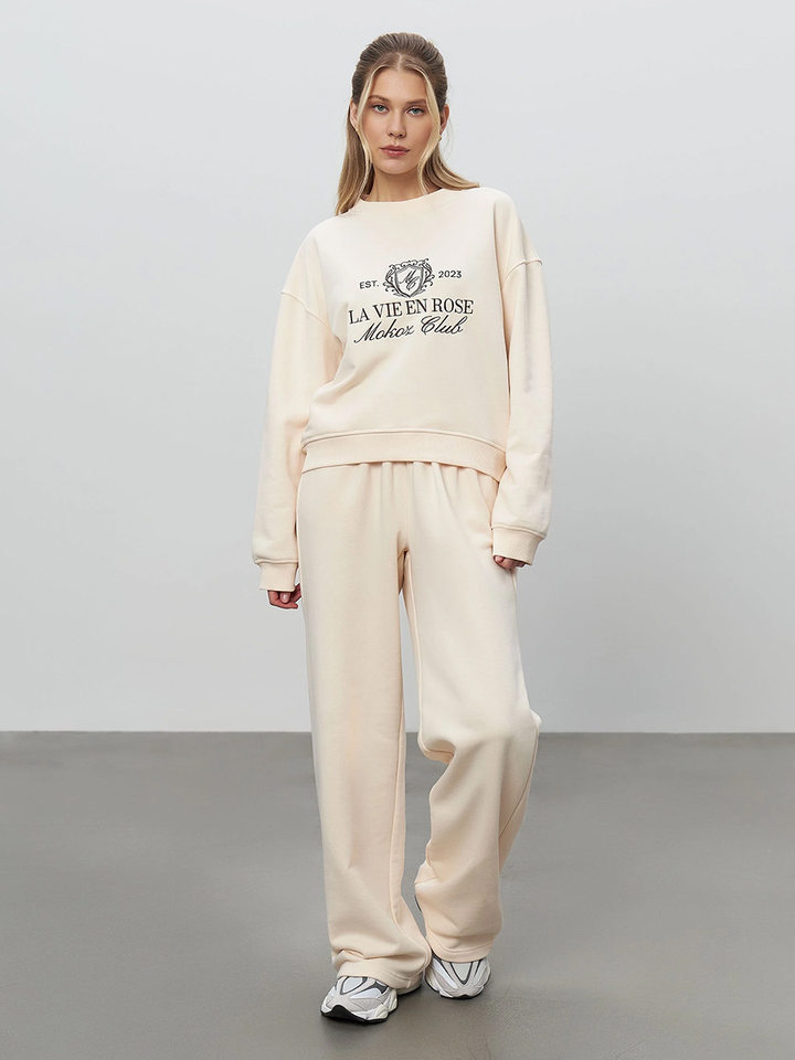 Bộ đôi áo nỉ thêu và quần dài nữ phong cách casual — Màu trắng nhạt, Màu xanh hải quân, màu xám, nâu sẫm