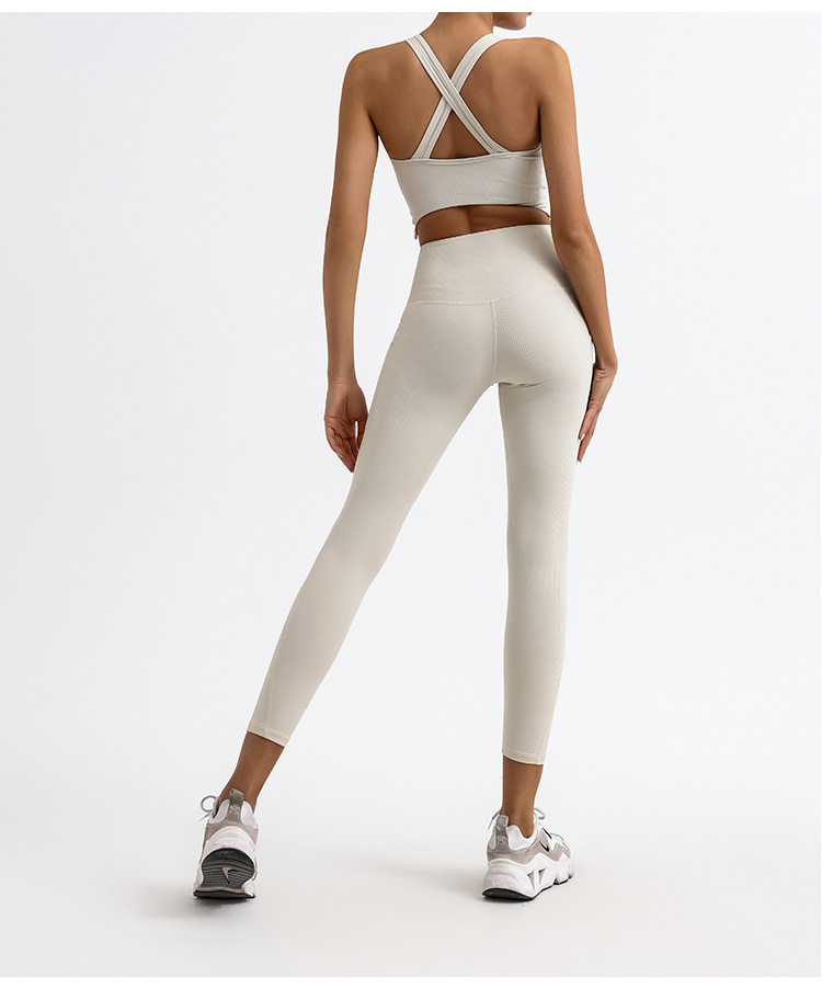 Traje de fitness deportivo de comercio exterior, chaleco deportivo cruzado de espalda de belleza femenina, cintura alta, abdomen, pantalones de yoga, cabello de dos piezas