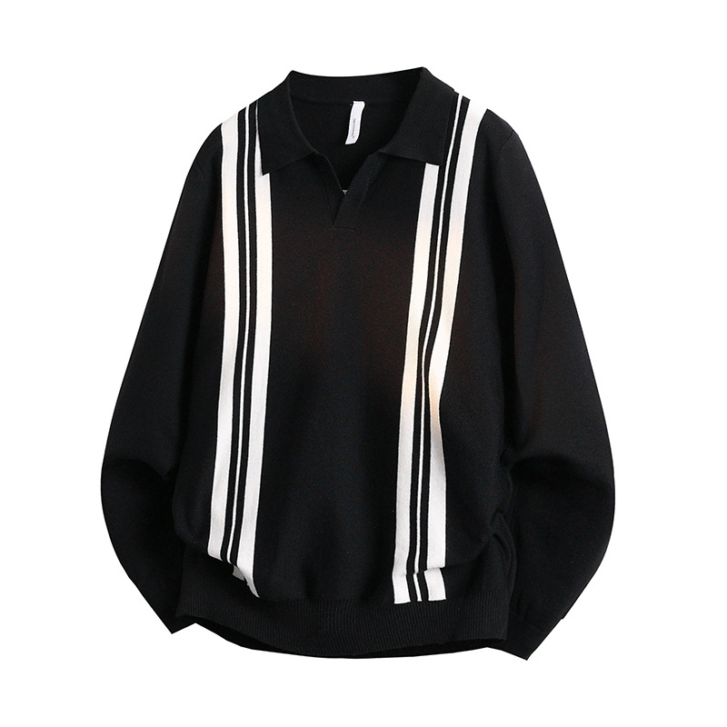 Otoño y invierno ligero maduro moda hombre con solapa suéter delgado tendencia de estilo británico rayas de color contrastante camisa polo de punto casual