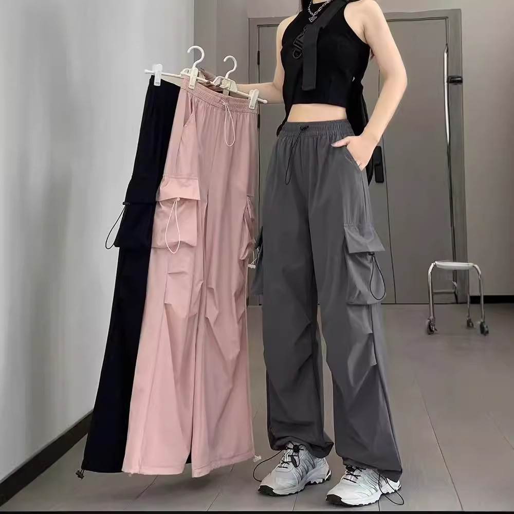핑크 바지 여성의 가을과 겨울 빠른 건조 얇은 높은 허리 작은 얼음 실크 넓은 다리 가을과 겨울 등산 스포츠 바지 도매