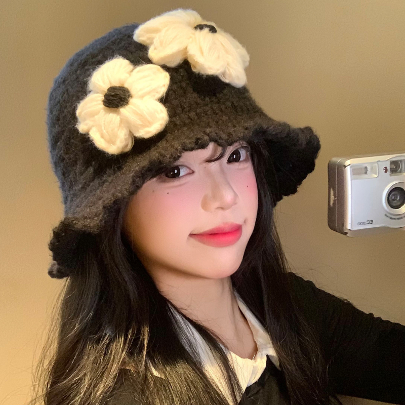 花朵针织渔夫帽女秋冬季韩版显脸小黑色水桶帽大头围保暖毛线帽子|undefined