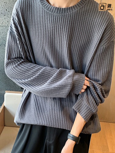 Men's Long-Sleeve Honeycomb T-Shirt 2024 Spring and Autumn New Casual Flannel V-Neck Base Layer Top Loose Upper Shirt