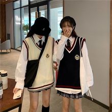 山力达迪春秋新款学院风宽松学生刺绣V领无袖毛线毛衣针织背心马