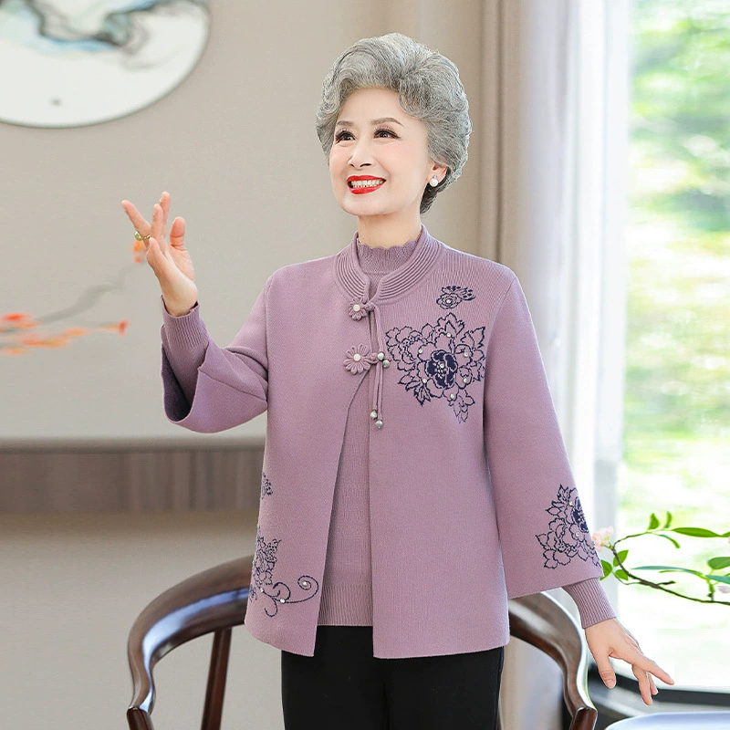 Весенний костюм мамы Иностранная рубашка из двух частей 40-летняя женщина среднего и пожилого возраста вязаная кардиган