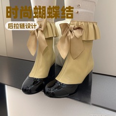 小香风蝴蝶结后拉链高跟弹力靴女靴25秋冬新款真皮时髦拼色时装靴