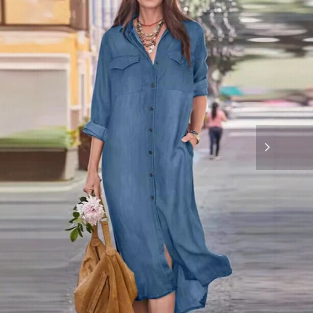2026 New European and American Style Shirt Collar Denim Dress for Women, Mid-Length Loose Casual Long Dress, Cross-Border Fashion Pure