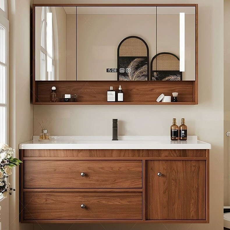 Medieval-Style Solid Wood Bathroom Cabinet with Integrated Ceramic Basin, Integrated Sink, Bathroom Cabinet, Washbasin