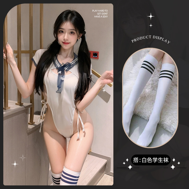 흰색 학생 양말 흰색 파란색 섹시한 점프 수트