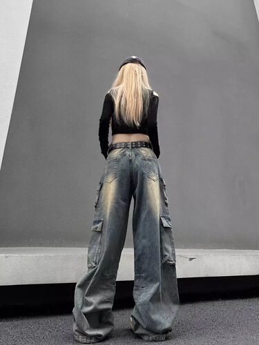 American large-size pocket design work jeans, women's high street straight loose wide-leg drag-down pants