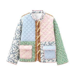 European and American Clothing 2024 Autumn and Winter New Retro Print Splicing Fashion Versatile Long-Sleeved Loose Slimming Look Cotton Clothes