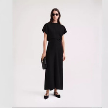 2023新夏黑色亚麻粘纤收腰设计中长款短袖连衣裙休闲时尚修身显瘦