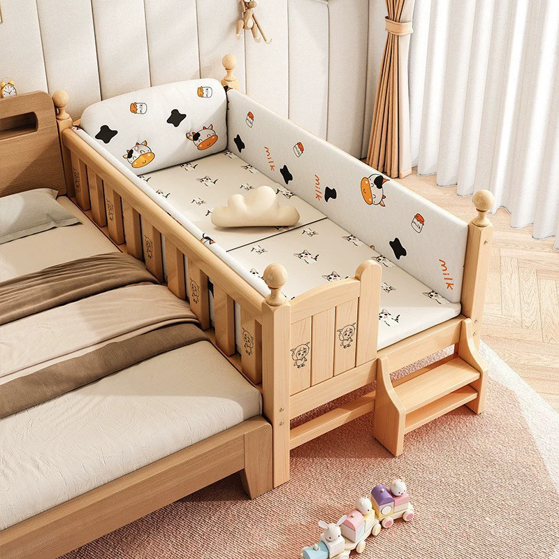 Детская кровать из цельного дерева, детская кроватка с ограждением, бытовая детская кровать, расширенная прикроватная кровать принцессы для мальчиков и девочек