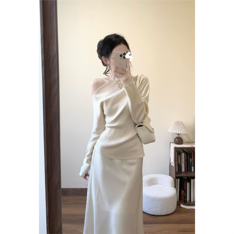 韩系简约不规则露肩t恤套装女春季高腰鱼尾半身裙设计感长袖上衣|undefined