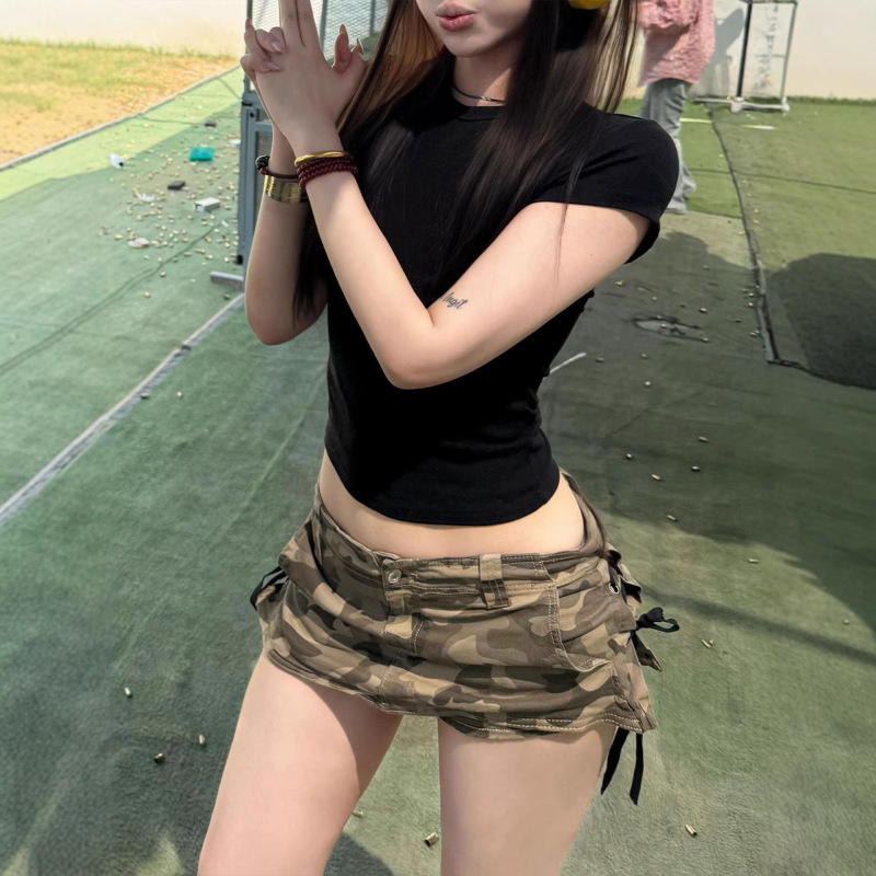 Hot Girl Y2K Workwear Low-Waist Camouflage Denim Skirt for Women, Summer Anti-Exposure Side-Tie Hip-Hugging Short Skirt Pants
