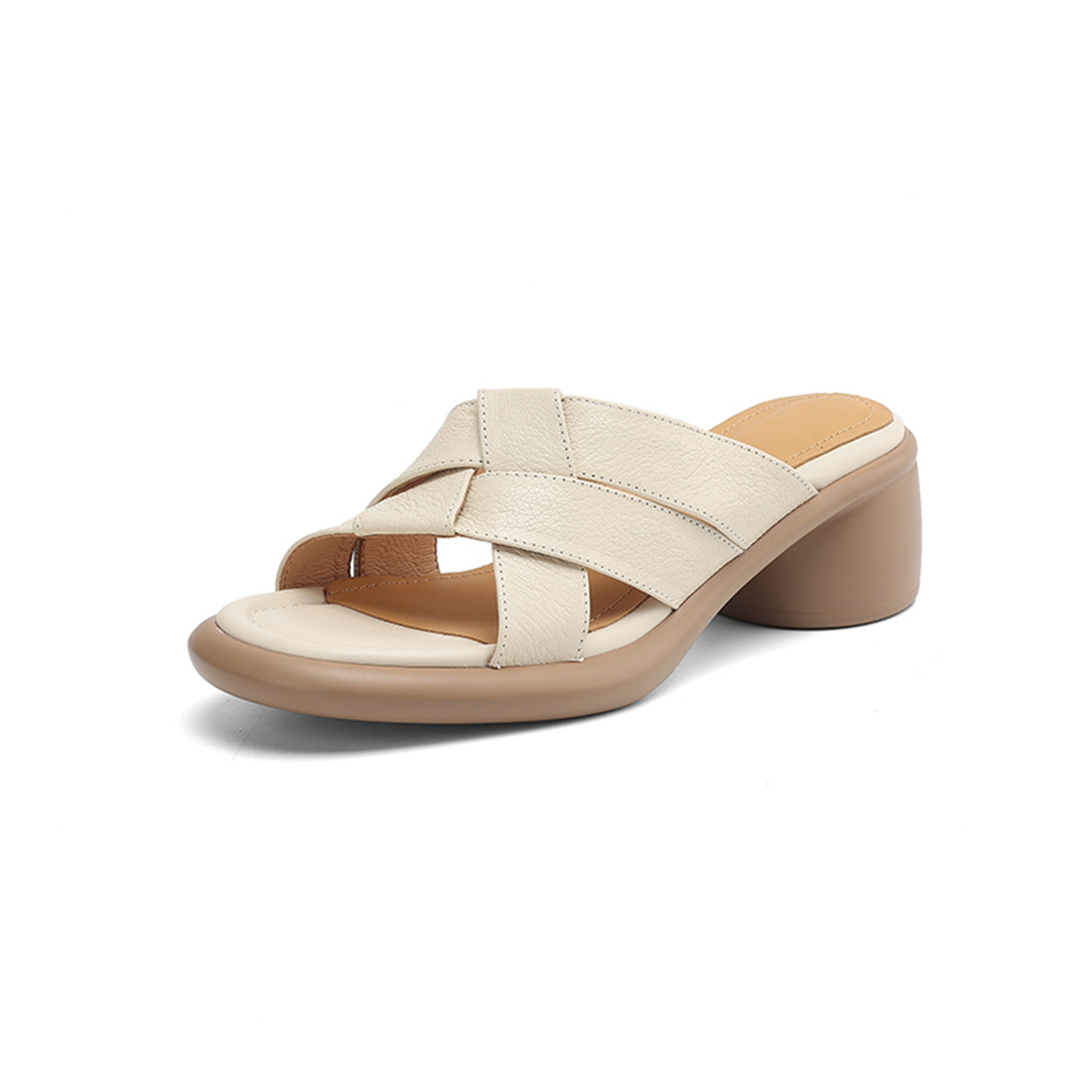 Sandal nữ hở mũi dệt da dê gót cao 7 cm — màu trắng ngà chi tiết 22