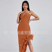 跨境外贸现货抹胸V领露肩露背开叉羽毛修身绷带连衣裙