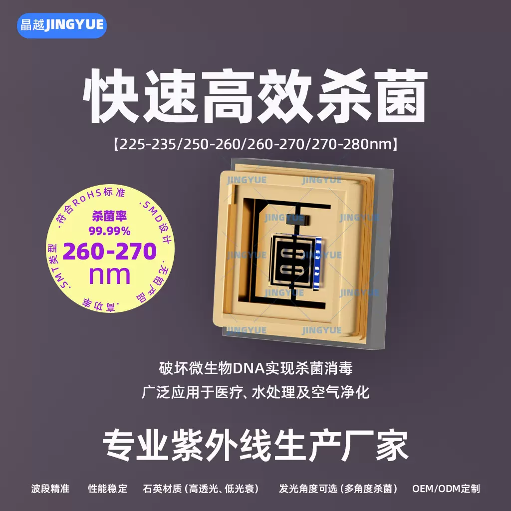 晶越uv紫光3535灯珠深紫外线260-270nm杀菌灯led消毒1W大功率UVC
