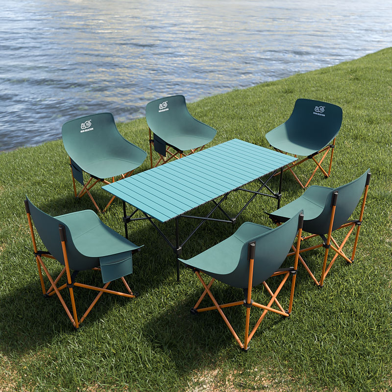 2025 업그레이드 강화모델 + 휴대용 수납벨트 - 블루 [120*55*50cm 긴 테이블] + 다크그린 의자 6개