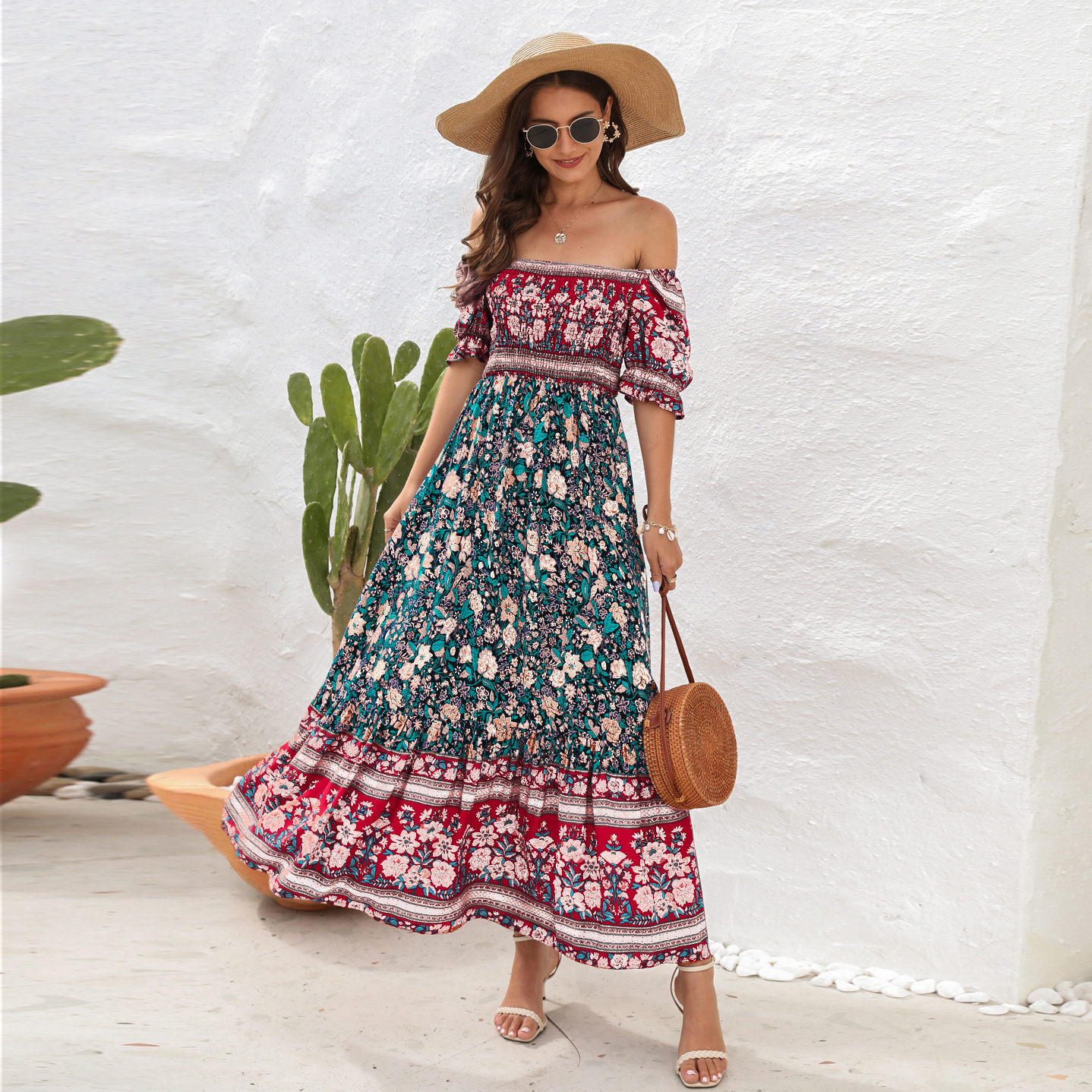 Women's Regular Dress Bohemian U Neck Printing Lettuce Trim Short Sleeve Printing Maxi Long Dress Travel Daily display picture 20