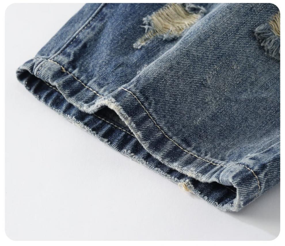 Men's Ripped Denim Shorts Casual Loose Fit Washed Perforated Straight Leg Mid Waist Trendy Summer Style Cotton Five Point Pants_mkmklike.com